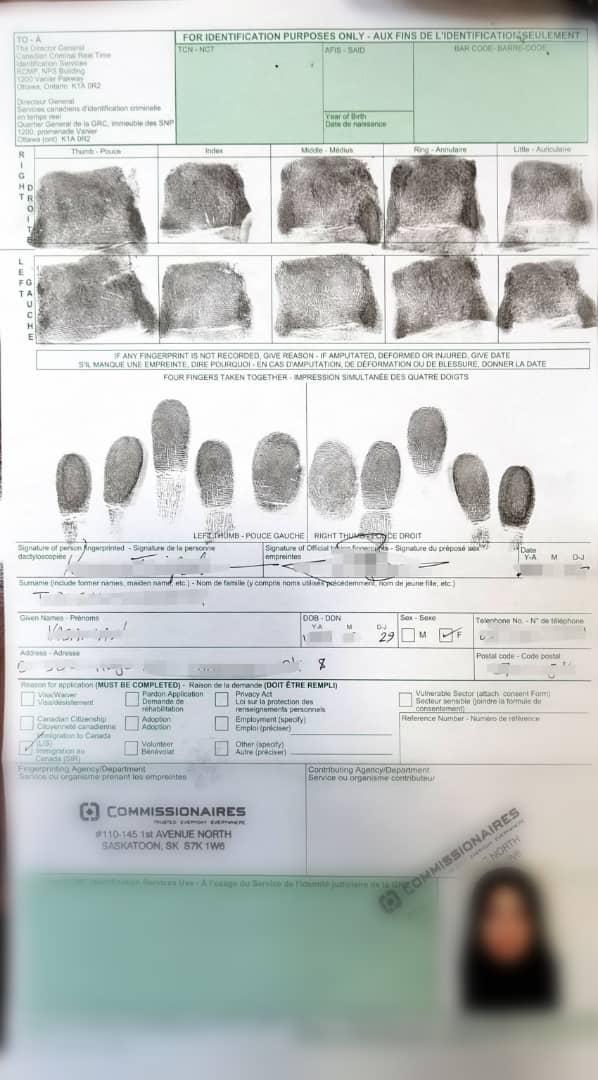 نمونه برگه اثرانگشت پلیس کانادا